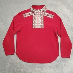 L.L. Bean Quarter Zip Fleece Pullover Women Small Red Fair Isle Nordic Winter